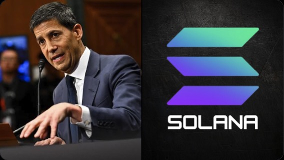 A man in a suit speaks at a podium alongside the Solana logo and "SOLANA" text, visually linking a weak July jobs report (-23K vs +80K expected) and anticipated rate cuts to bullish sentiment for the SOLANA cryptocurrency.