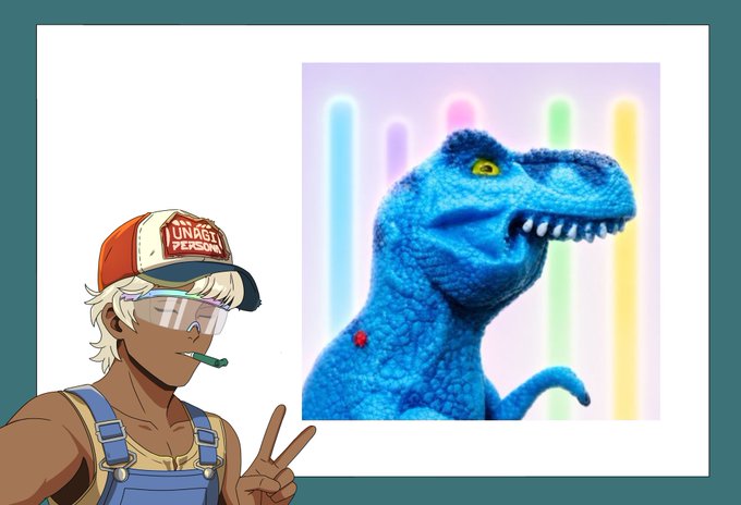An anime-style character wearing a "The Loudest Person" cap and overalls makes a peace sign next to an image of a blue dinosaur toy against a rainbow background.