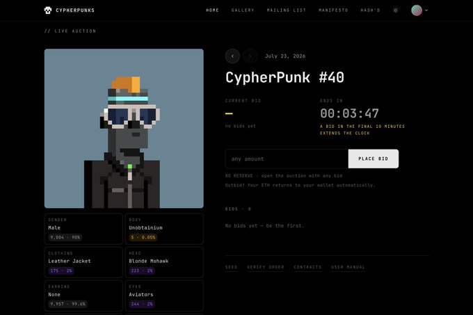 The image shows the live auction page for "CypherPunk #40" on a dark-themed NFT marketplace, featuring a pixelated character with a blonde mohawk, aviator sunglasses, and a leather jacket, with the auction ending in 00:03:47 on July 23, 2026. The listing highlights rare traits including an "Unobtainium" body (rarity 0.05%, only 5 of 10,000) and a "Blonde Mohawk" (rarity 0.2%, 25 of 10,000). This visually illustrates the post's point that Day 40 of the auction series delivered an extraordinarily rare body trait to whoever wins the bidding.