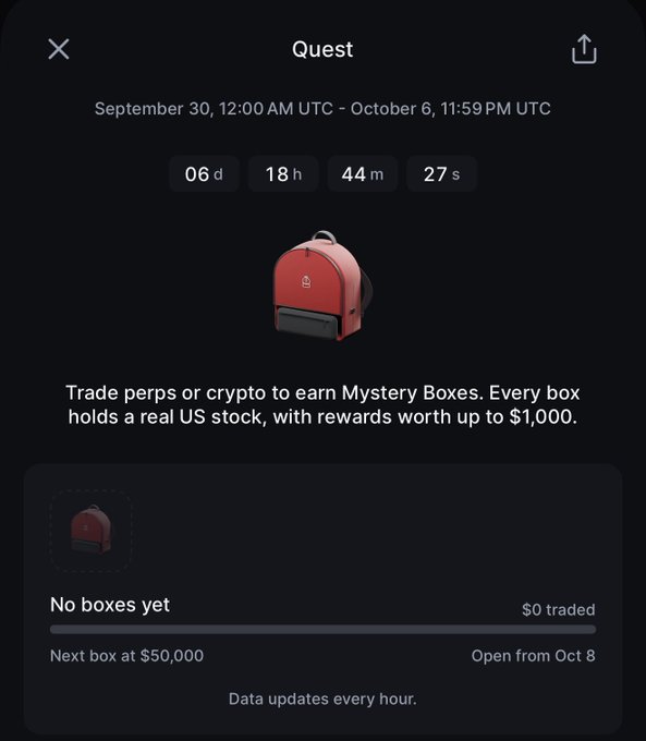 A mobile app 'Quest' screen from a crypto exchange shows a countdown timer and a red backpack icon, with text reading 'Trade perps or crypto to earn Mystery Boxes. Every box holds a real US stock, with rewards worth up to $1,000.'