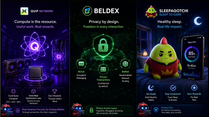 A promotional graphic for three apps: 'QUIP NETWORK' ('Compute is the resource. Useful work. Real rewards.'), 'BELDEX' ('Privacy by design. Freedom in every interaction.'), and 'SLEEPAGOTCHI' ('SLEEP TO EARN', 'Healthy sleep. Real life impact.').