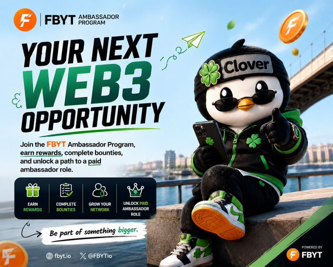 The image features a cartoon penguin wearing a green jacket, sitting on a ledge with its arms raised in the air. The penguin appears to be giving a thumbs up sign or making a gesture of approval. In front of the penguin is a banner that reads "Your Next Web3 Opportunity". Below this, there are descriptions and instructions for how to join the FBYT Ambassador Program, which involves filling out an application form and providing some personal information. The program aims to connect individuals with opportunities in web3 technology and help them earn money by participating as ambassadors.