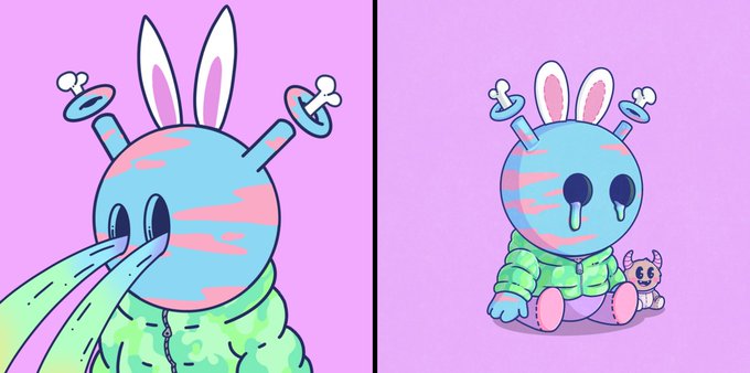 A cartoon illustration of a blue rabbit-like creature with green swirls on its head, shown in two panels against a pink background.