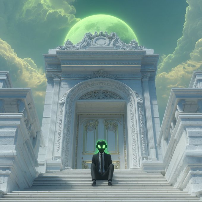 A surreal digital artwork depicting a figure in a suit with a glowing green alien head sitting on the steps of a grand white classical building beneath a large green moon.