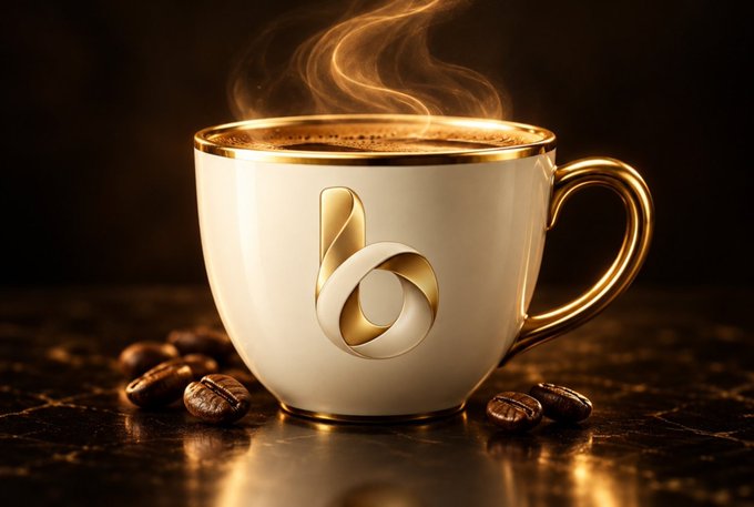 A 3D rendered image of a white and gold ceramic coffee cup with steam rising from it, featuring a gold stylized 'b' logo on the side, sitting on a dark marble surface surrounded by coffee beans.