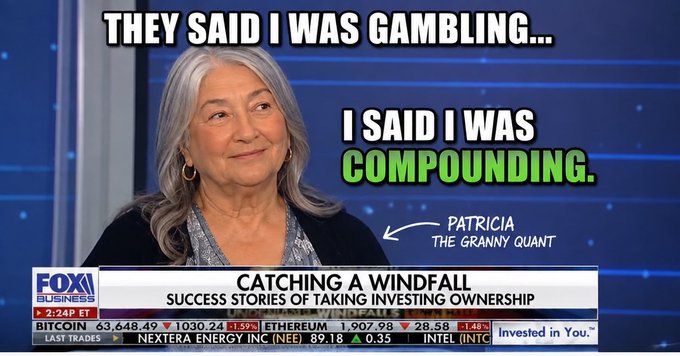A Fox Business news screenshot labeled 'CATCHING A WINDFALL - SUCCESS STORIES OF TAKING INVESTING OWNERSHIP,' with overlaid meme text: 'THEY SAID I WAS GAMBLING... I SAID I WAS COMPOUNDING.' and a caption identifying the woman as 'PATRICIA THE GRANNY QUANT'.