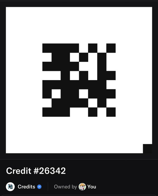An NFT profile page showing a black and white pixelated QR code-style artwork titled 'Credit #26342', verified and 'Owned by You'.