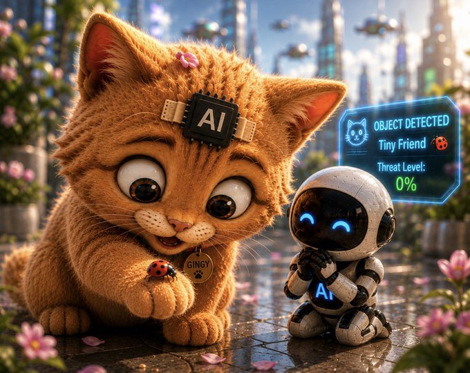 A fluffy orange kitten named "Gingy" with an "AI" chip on its forehead looks curiously at a small white robot displaying "Ai" on its chest, alongside a holographic panel reading "OBJECT DETECTED: Tiny Friend, Threat Level: 0%". The pair sits together on a stone path surrounded by pink flowers, with a futuristic city skyline visible in the background.