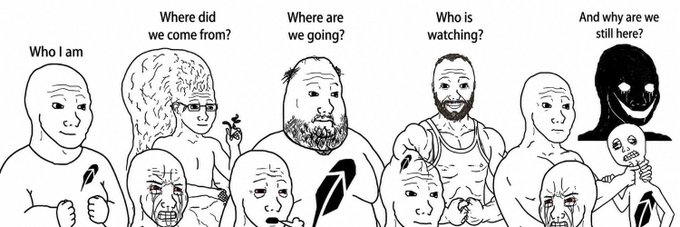 A lineup of seven stylized Wazaki meme characters is shown, each labeled with an existential question—"Who I am," "Where did we come from?," "Where are we going?," "Who is watching?," and "And why are we still here?"—promoting the WaziHood NFT collection launching on Robinhood (Supply: 3333, Price: FREE, via OpenSea).