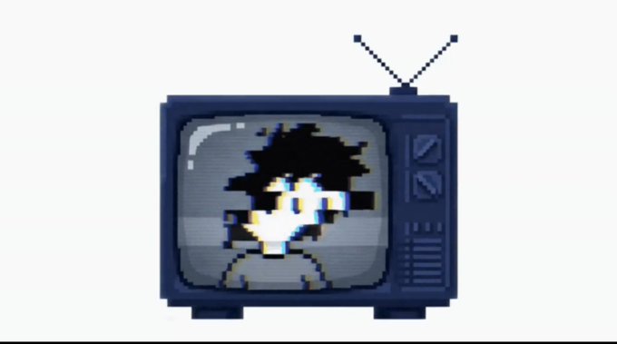 A pixel art image of a retro television set with antennas, displaying a black and white portrait of a person with messy hair and sunglasses on the screen.