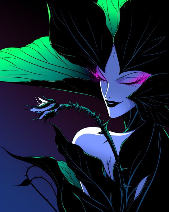 An artistic illustration depicts a stylized character resembling Maleficent with green and blue accents, featuring a thorny flower and dark thorny vines.