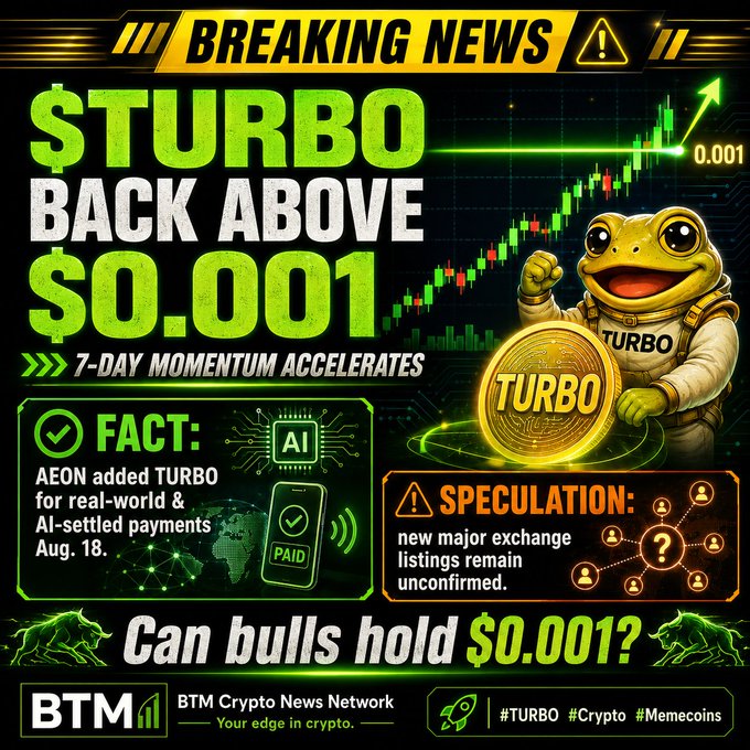 A 'BREAKING NEWS' graphic from BTM Crypto News Network reporting '$TURBO BACK ABOVE $0.001,' featuring a frog mascot and noting AEON added TURBO for payments on August 18.