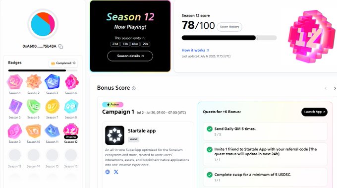 A dashboard showing "Season 12 — Now Playing!" with a score of 78/100, featuring colorful season badges (Seasons 1-16), a Bonus Score Campaign 1 with quests for Startale app, and rewards including a pink "12" badge.