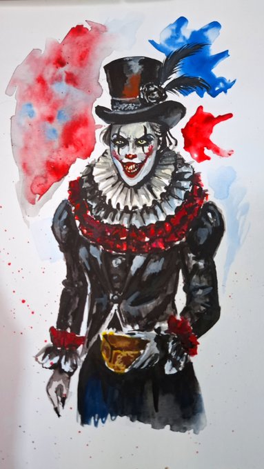 A painted portrait of a sinister clown in a top hat with a feather and a ruffled collar, set against red and blue watercolor splashes.