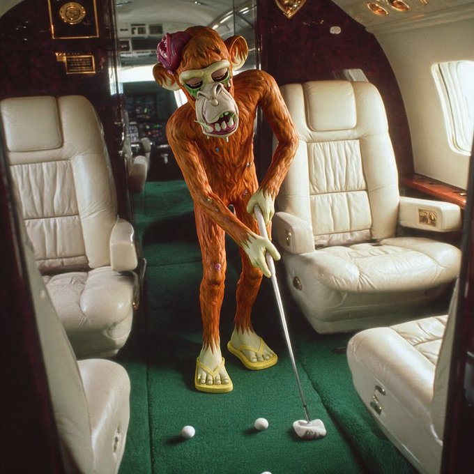 A surreal photo of a life-sized orangutan statue wearing a pink cap and yellow flip-flops, posing with a golf club inside the cabin of a private jet with white leather seats.