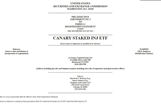 The image displays the cover page of a Pre-Effective Amendment No. 3 to Form S-1 Registration Statement filed with the U.S. Securities and Exchange Commission (SEC) for the "Canary Staked INJ ETF," with a Delaware incorporation, IRS Employer ID 49-6650919, and a registered address at 8 Cadillac Drive, Suite 300, Brentwood, TN 37027. This filing illustrates the growing regulatory progress of INJ-based products in the U.S., as Canary Capital Group aims to launch a staked INJ ETF intending to stake 90% of the fund's INJ holdings.