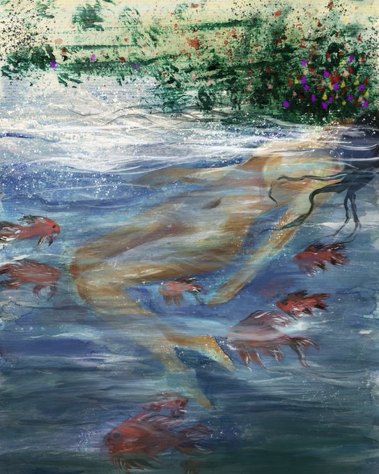 An impressionistic painting depicting a nude figure swimming underwater among red fish, with a green and white textured surface visible above the waterline.