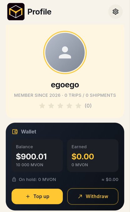 A profile screen for user "egoego" showing a wallet balance of $900.01 (10,000 MVON), with Top up and Withdraw buttons.