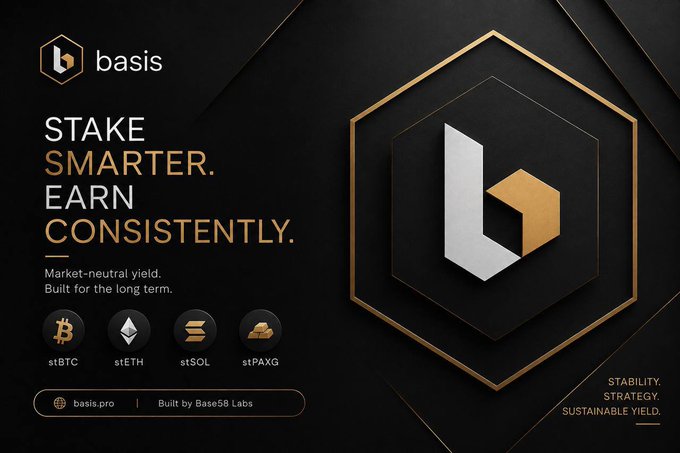 A promotional graphic for 'basis' crypto staking with the text 'STAKE SMARTER. EARN CONSISTENTLY.' and icons for stBTC, stETH, stSOL, and stPAXG, built by Base58 Labs.