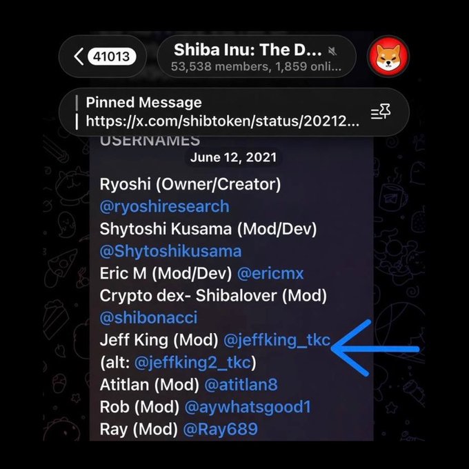 A screenshot from the "Shiba Inu: The D..." Telegram group (with 53,538 members) shows a pinned message and a June 12, 2021 list of usernames where Jeff King (Mod) @jeffking_tkc is highlighted with a blue arrow. The image appears to be referencing this moderator as the original SHIB team member set to launch on Solana.
