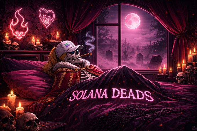 A gothic digital artwork showing a skeleton wearing a baseball cap and smoking a cigar, lying in a bed surrounded by candles and skulls, with the text 'SOLANA DEADS' and a full moon in the background.