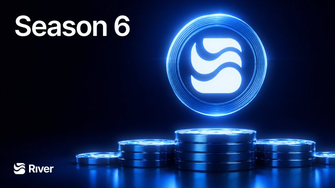 Promotional graphic displaying 'Season 6' alongside a glowing blue River logo hovering above stacks of blue-lit coins on a dark background.