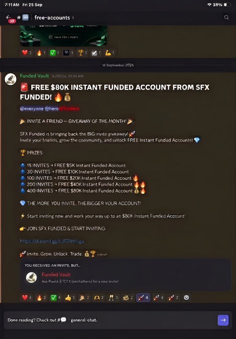A Discord screenshot in the free-accounts channel showing a giveaway post by Funded Vault titled 'FREE $80K INSTANT FUNDED ACCOUNT FROM SFX FUNDED!' with tiered prizes based on invites.