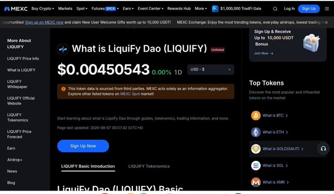 A MEXC exchange page showing information about LiquiFy Dao (LIQUIFY) at a price of $0.00450543, with navigation menus and a Top Tokens sidebar.