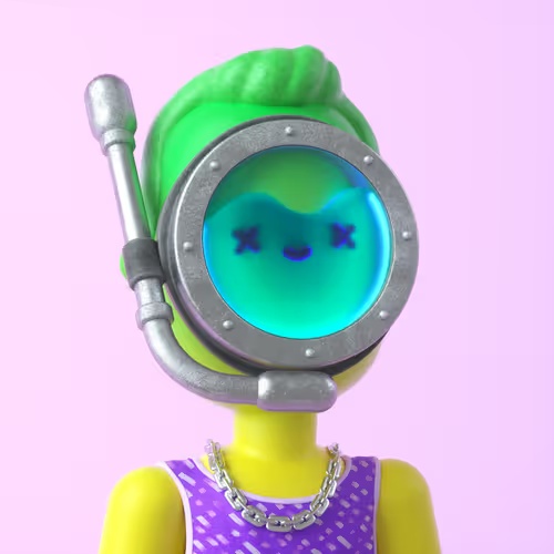 A 3D-rendered character with green hair, wearing a metallic diving helmet over a face with 'X' eyes and a smile, dressed in a purple patterned top and a silver chain necklace.
