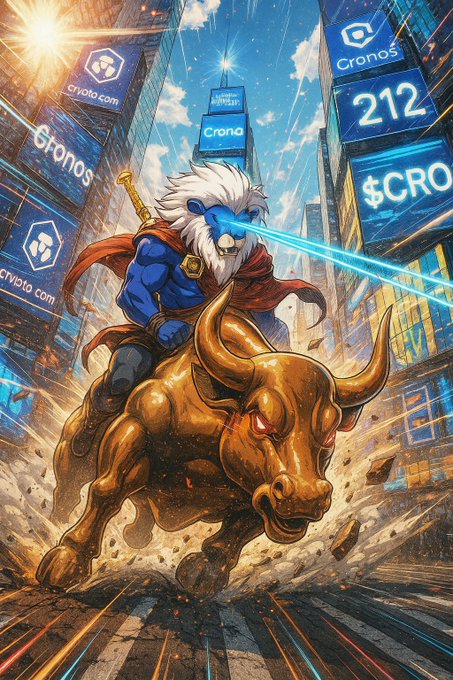 A muscular lion warrior with glowing blue eyes rides a charging golden bull through a futuristic cityscape plastered with "Cronos," "Crypto.com," and "212" billboards, with "$CRO" tickers in the background. The dynamic crypto-bull imagery directly matches the post's bullish Cronos ($CRO) energy, with the "212" signage referencing the area code mentioned and the powerful bull representing the "riding the bull" sentiment expressed in the caption.