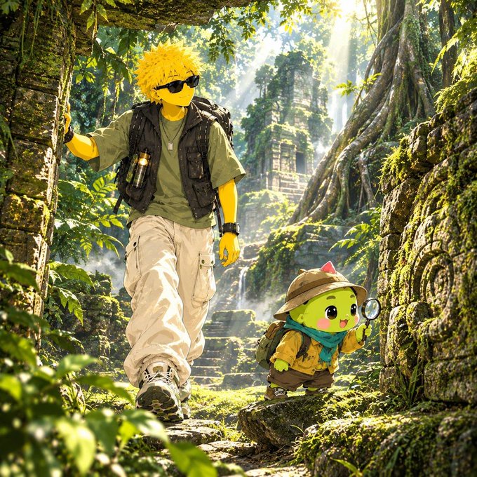 AI-generated illustration of a yellow character with spiky hair and sunglasses walking through a jungle temple alongside a small green creature wearing an explorer hat and holding a magnifying glass.