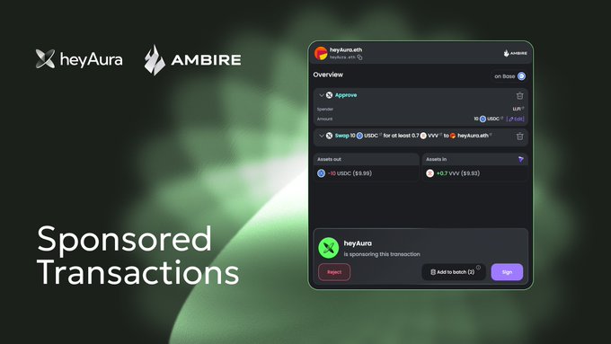 A promotional graphic titled 'Sponsored Transactions' features the logos for 'heyAura' and 'AMBIRE' alongside a screenshot of a crypto transaction approval interface.