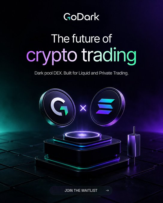 A promotional graphic for 'GoDark' advertising 'The future of crypto trading' as a 'Dark pool DEX, Built for Liquid and Private Trading,' featuring the GoDark and Solana logos with a 'JOIN THE WAITLIST' button.
