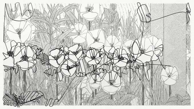 Digital sketch overlay of line-drawn flowers and insects superimposed on a grayscale, engraving-style floral background.
