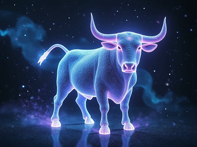 A glowing, neon-blue 3D rendering of a bull set against a starry, cosmic background.