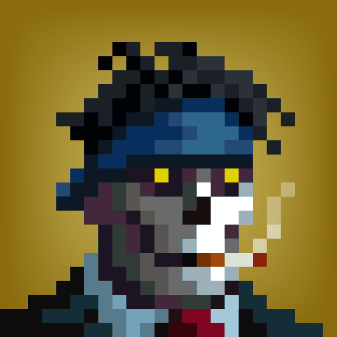 A pixel art style illustration of a character with a furry animal hood featuring yellow eyes, smoking a cigarette against a yellow background.