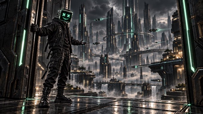 A person wearing a hoodie with a glowing smiley face TV head stands in a doorway looking out over a futuristic, sci-fi cityscape with floating vehicles and waterfalls.
