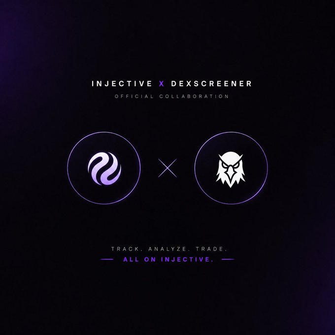 Promotional graphic announcing "INJECTIVE x DEXSCREENER OFFICIAL COLLABORATION" with both logos and the tagline "TRACK. ANALYZE. TRADE. ALL ON INJECTIVE."