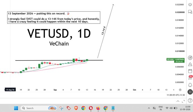 A financial chart for VETUSD (VeChain) cryptocurrency with text stating '13 September 2026' and predicting 'I strongly feel $VET could do a 13-14X from today's price, and honestly, I have a crazy feeling it could happen within the next 10 days.'