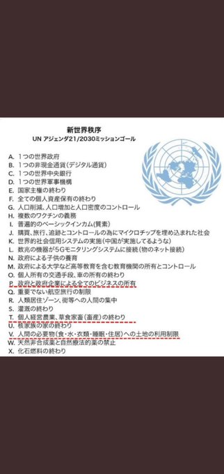 An image in Japanese showing the 'New World Order' UN Agenda 21/2030 mission goals, with several items circled in red, including goals related to gender identity and gender fluidity.