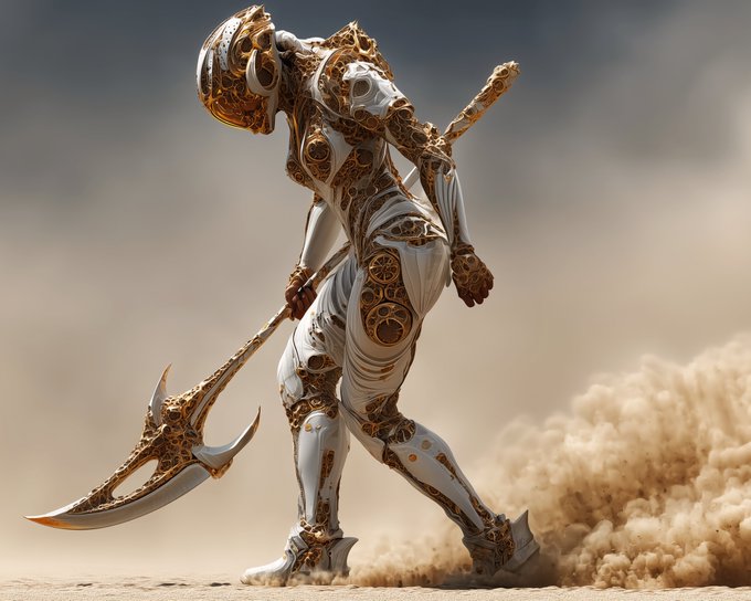 A 3D rendered sci-fi warrior figure clad in ornate white and gold armor, wielding a large battle axe and standing in a dusty, desert-like environment.