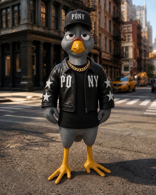 A 3D-rendered anthropomorphic penguin character wearing a 'PONY' cap, gold chain, and leather jacket with white stars, standing on a New York City street with yellow taxis in the background.