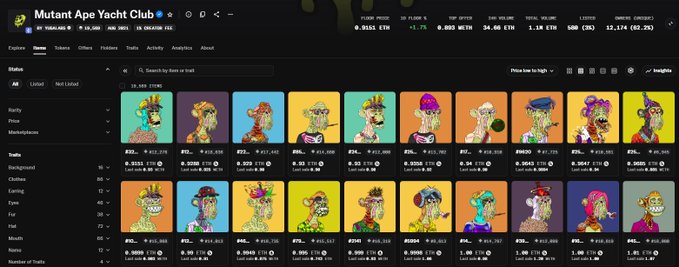 Screenshot of the Mutant Ape Yacht Club NFT marketplace on OpenSea, displaying a grid of ape NFT listings with various traits, prices, and ETH values.