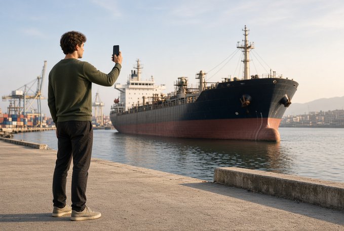 A young man in a green sweater stands on a concrete dock taking a photo of a large black and red cargo ship in a harbor.