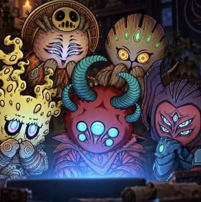 A group of colorful, fantastical creatures with large eyes gather around a glowing screen in a dimly lit setting, appearing engaged and curious, which ties into the post's announcement of Yuga Labs' "Nexus & Chill" event featuring James Hall from OthersideMeta during ApeFest 2026.