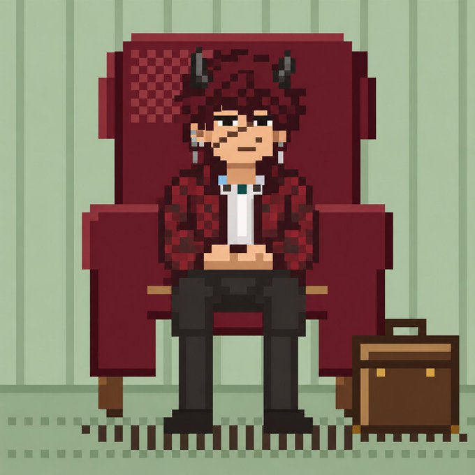 Pixel art illustration of a girl with red hair, horns, and horns, sitting in a red armchair with a wooden box beside her.