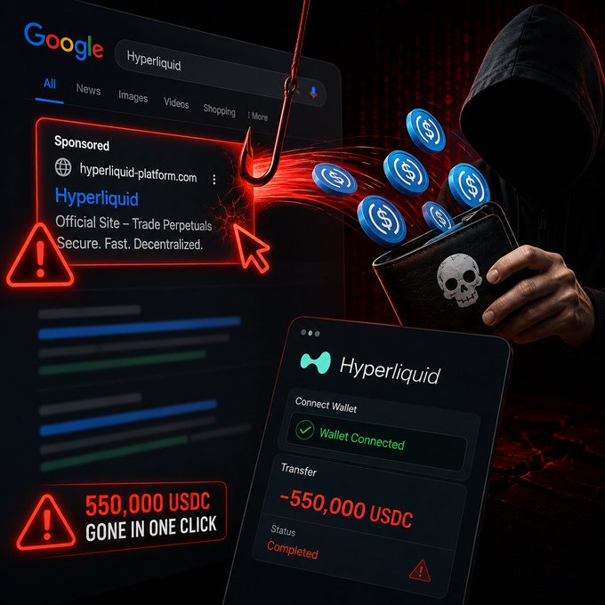 A hooded figure uses a skull-decorated wallet to siphon $550,000 USDC into a phishing trap disguised as a Google-sponsored ad for "hyperliquid-platform.com," with a transaction log showing "Wallet Connected" and "-550,000 USDC" marked "Completed" alongside warning icons—visually reinforcing how a single click on a fake Hyperliquid search result led to a massive crypto theft.