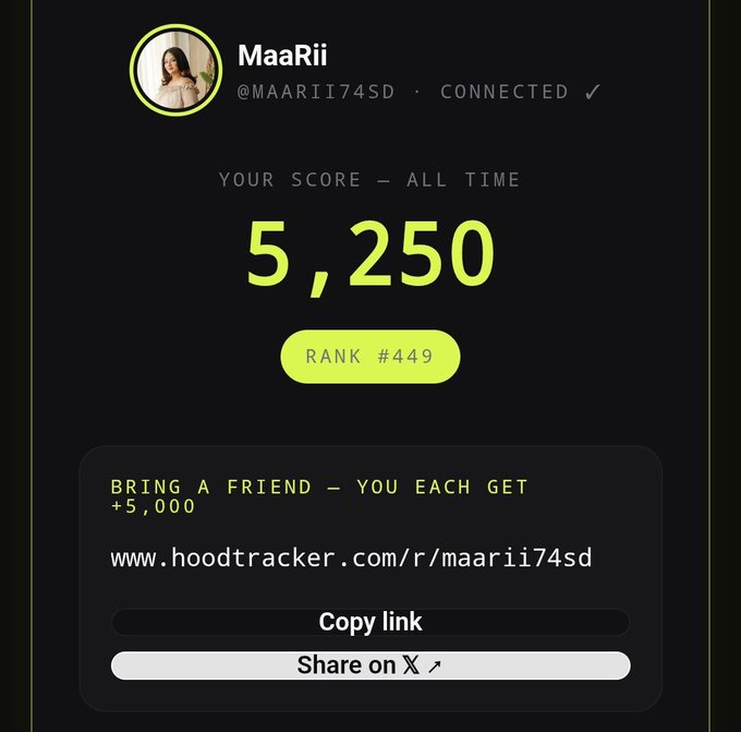 A digital scorecard shows the profile "MaaRii" (@MAARII74SD) with an all-time score of "5,250", a "RANK #449" badge, and a referral link to www.hoodtracker.com/r/maarii74sd.