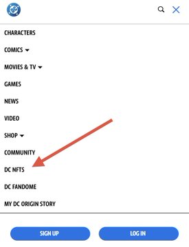 The image shows a navigation menu from DC's official website, with a red arrow pointing to the "DC NFTS" tab. This visually supports the post's claim that DC has a dedicated NFT link leading to Candy Digital, suggesting VeVe could similarly partner with Marvel.