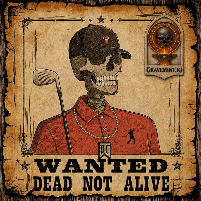 The image features a cartoon illustration of a skeleton wearing a red shirt, holding a golf club, with the caption "Wanted Dead Not Alive". The post appears to be related to a game or event involving the skeleton character from Legends.